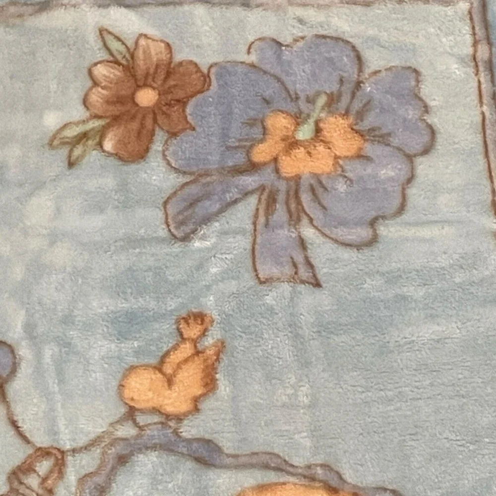 Vtg White Lamb Plush Baby Blanket Outdoor Cradle Birds Dog Silky Soft Blue Green